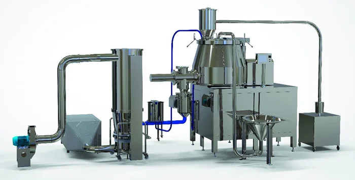 Línea de granulación por vía húmeda en acero inoxidable, con turbo mezclador, molino calibrador cónico y horno de lecho fluidizado